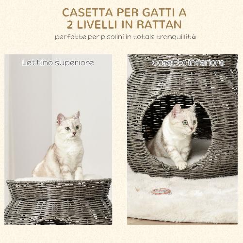 PawHut-Cesta-per-Gatti-a-2-Livelli-in-Rattan-PE-con-Cuscini-Lavabili-in-Peluche-Φ50x43.5cm---Grigio-Scuro