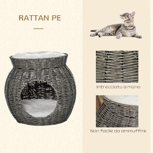 PawHut-Cesta-per-Gatti-a-2-Livelli-in-Rattan-PE-con-Cuscini-Lavabili-in-Peluche-Φ50x43.5cm---Grigio-Scuro