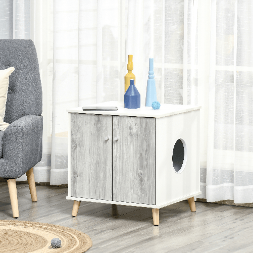 PawHut-Mobile-Lettiera-per-Gatti-Fino-5.5kg-con-Foro-d-Ingresso-Laterale-60x55x62.5cm---Bianco-e-Grigio