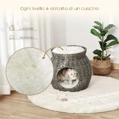 PawHut-Cesta-per-Gatti-a-2-Livelli-in-Rattan-PE-con-Cuscini-Lavabili-in-Peluche-Φ50x43.5cm---Grigio-Scuro