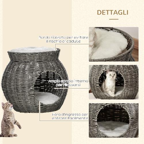 PawHut-Cesta-per-Gatti-a-2-Livelli-in-Rattan-PE-con-Cuscini-Lavabili-in-Peluche-Φ50x43.5cm---Grigio-Scuro