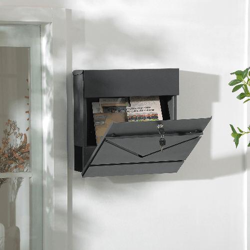 HOMCOM-Cassetta-Postale-in-Acciaio-Zincato-con-Portagiornali-e-2-Chiavi-di-Sicurezza-37x10.5x37-cm-Grigio