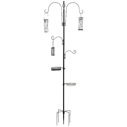 PawHut-Mangiatoia-per-Uccelli-a-4-Ganci-con-Vassoi-e-3-Alimentatori-diversi-in-Acciaio-54.5x54.5x208cm-Nera