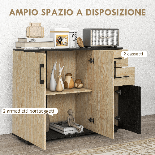 HOMCOM-Credenza-Moderna-con-2-Armadietti-e-2-Cassetti-in-Legno-90x30x75.5cm-Noce-e-Nero