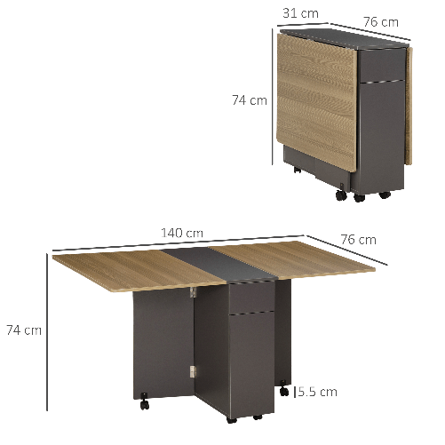 HOMCOM-Tavolo-Pieghevole-da-Pranzo-in-Truciolato-con-2-Cassetti-1-Armadietto-max.-6-Persone-140x76x76-cm