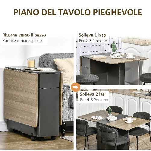 HOMCOM-Tavolo-Pieghevole-da-Pranzo-in-Truciolato-con-2-Cassetti-1-Armadietto-max.-6-Persone-140x76x76-cm