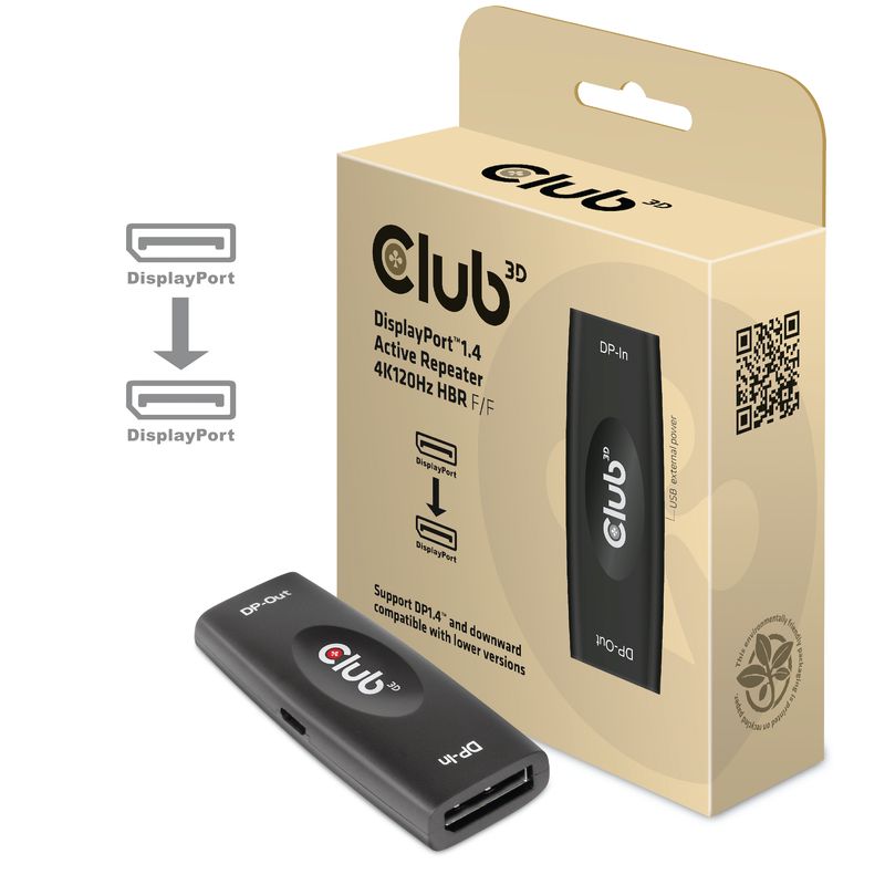 CLUB3D-DP-1.4-4K120HZ-HDR-ACTIVE-REPEATER-F-F-displayport-Nero