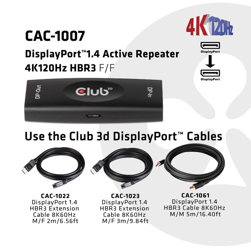 CLUB3D-DP-1.4-4K120HZ-HDR-ACTIVE-REPEATER-F-F-displayport-Nero