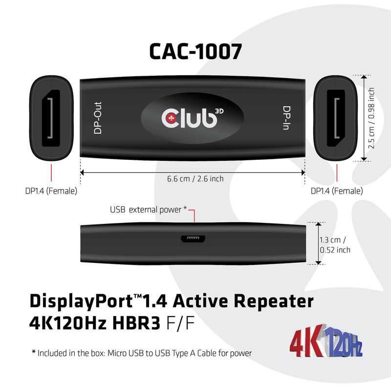 CLUB3D-DP-1.4-4K120HZ-HDR-ACTIVE-REPEATER-F-F-displayport-Nero