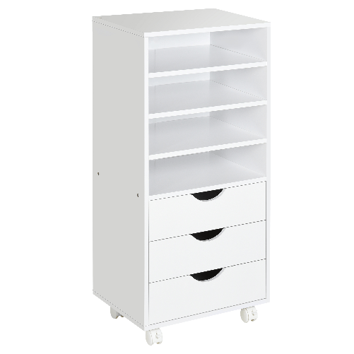 Vinsetto-Cassettiera-Ufficio-con-4-Ruote-4-Ripiani-3-Cassetti-Schedario-Portadocumenti-in-Legno-MDF-Bianco-38-x-30-x-86.8-cm