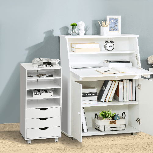 Vinsetto-Cassettiera-Ufficio-con-4-Ruote-4-Ripiani-3-Cassetti-Schedario-Portadocumenti-in-Legno-MDF-Bianco-38-x-30-x-86.8-cm