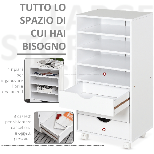 Vinsetto-Cassettiera-Ufficio-con-4-Ruote-4-Ripiani-3-Cassetti-Schedario-Portadocumenti-in-Legno-MDF-Bianco-38-x-30-x-86.8-cm