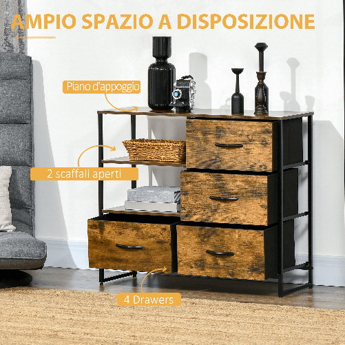 HOMCOM-Cassettiera-in-Stile-Industriale-con-4-Cassetti-in-Tessuto-Pieghevole-e-2-Ripiani-Aperti-84x30x71.5-cm-Marrone