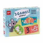 Apli Set di 3 Giochi Animali: 1 Puzzle da 24 Pezzi 1 Domino da 36 Pezzi e 1 Memory da 24 Pezzi