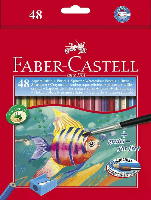 Faber-Castell-Matite-acquerello-colorate-classiche-Confezione-da-48-matite-colorate-acquerello-esagonali---pennello---Resistenza-alla-rottura---Colori-assortiti