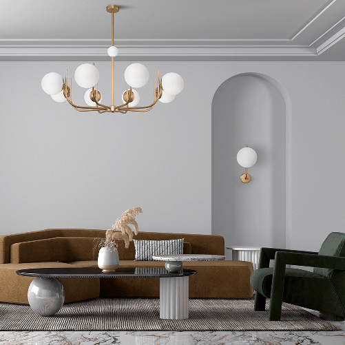 Lampadario-Contemporaneo-Rendez-Vous-Metallo-Ottone-8-Luci-E-Diffusori-Bianchi