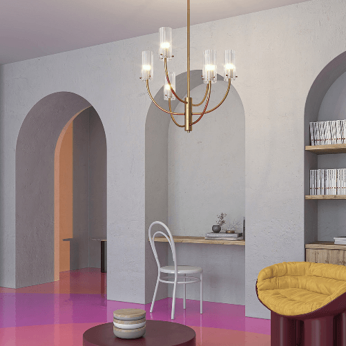 Lampadario-Contemporaneo-Arco-Metallo-Ottone-6-Luci-Diffusori-In-Vetro