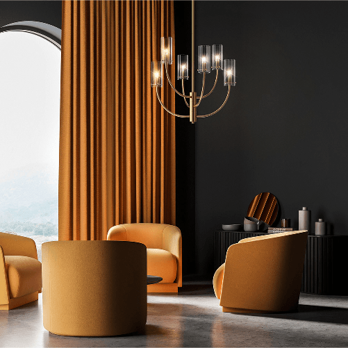 Lampadario-Contemporaneo-Arco-Metallo-Ottone-6-Luci-Diffusori-In-Vetro