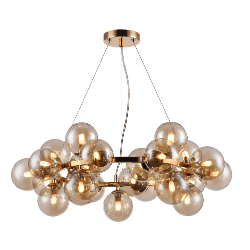 Lampadario-Contemporaneo-Dallas-Metallo-Oro-25-Luci-Diffusori-Ambra