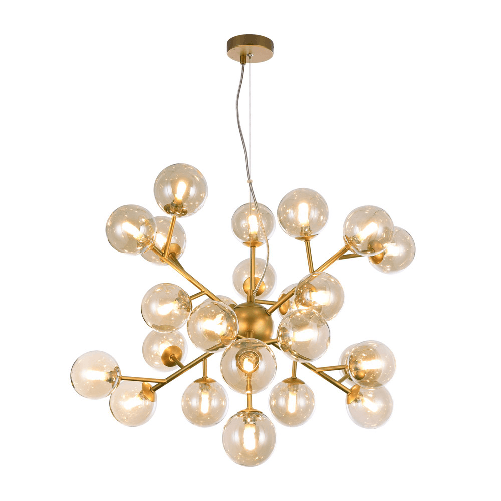 Lampadario-Contemporaneo-Dallas-Metallo-Oro-24-Luci-Diffusori-Ambra