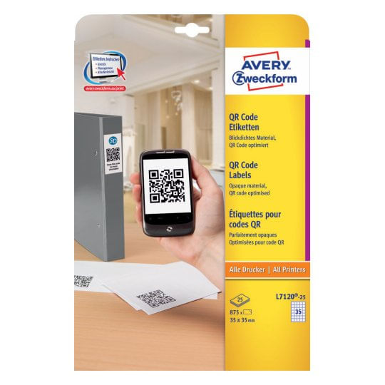 Etichette-adesive-Avery-in-carta-bianca-coprente-per-stampa-QR-code-35-et-foglio-35x35-mm--conf.-25-fogli-L7120-25