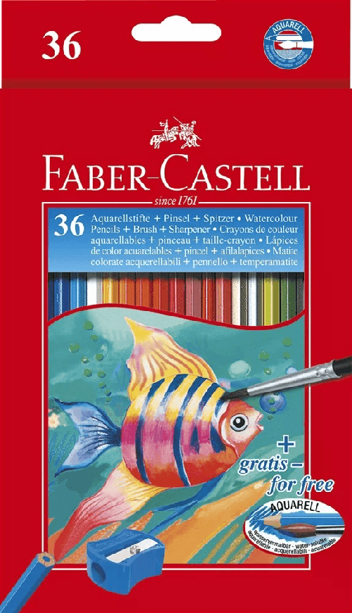 Faber-Castell-Matite-acquerello-colorate-classiche-Confezione-da-36-matite-colorate-acquerello-esagonali---pennello---Resistenza-alla-rottura---Colori-assortiti