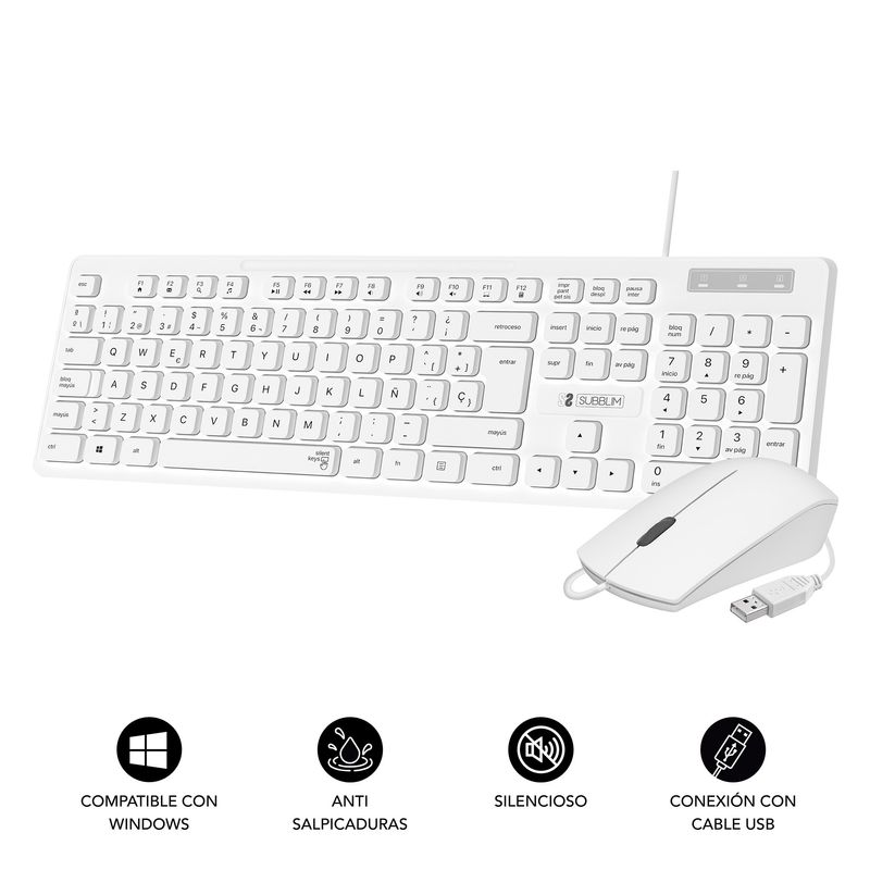 SUBBLIM-SUBKBC-CSSK02-tastiera-Mouse-incluso-USB-QWERTY-Spagnolo-Bianco