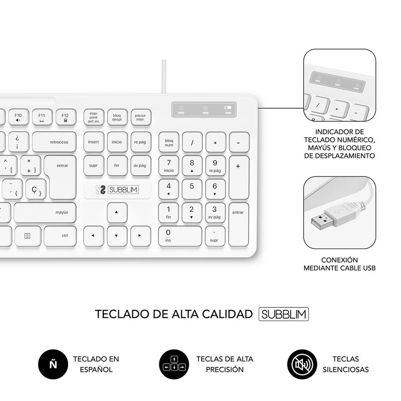 SUBBLIM-SUBKBC-CSSK02-tastiera-Mouse-incluso-USB-QWERTY-Spagnolo-Bianco