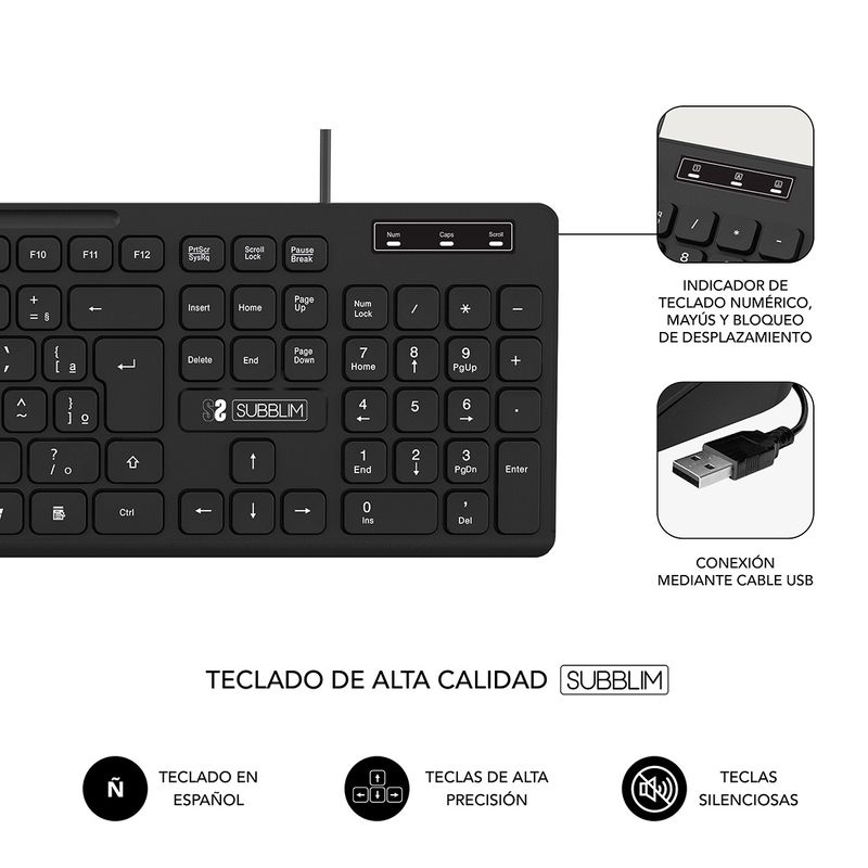 SUBBLIM-SUBKBC-CSSK01-tastiera-Mouse-incluso-USB-QWERTY-Spagnolo-Nero