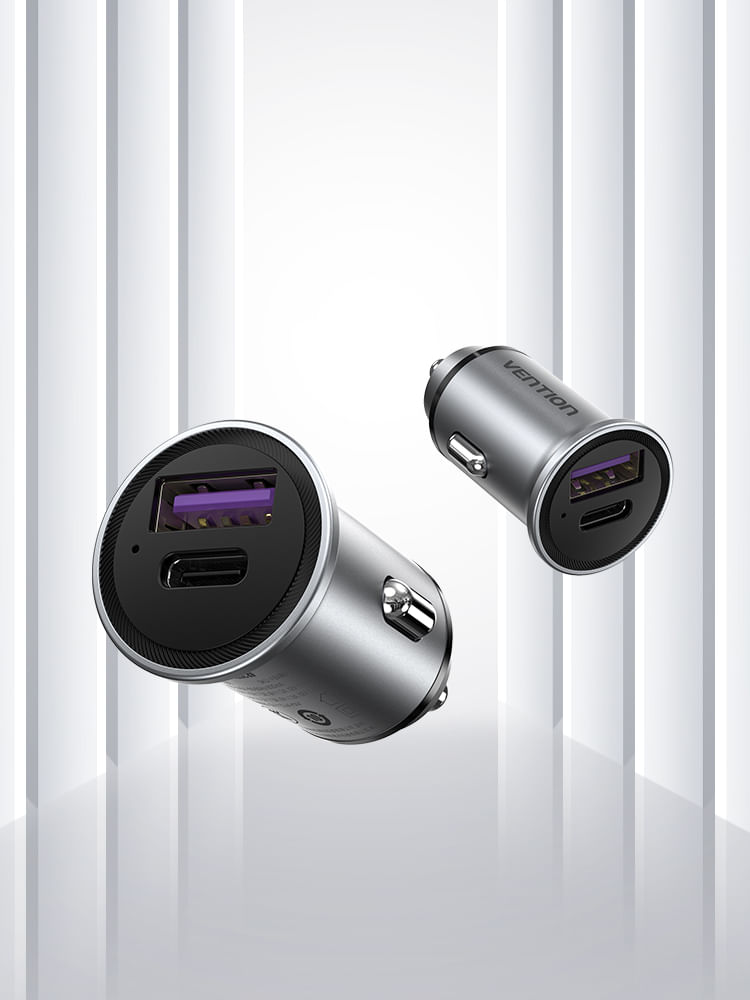 Caricabatteria-da-Auto-Vention-30W-2xUSB--A-C--QC4.0-5A---Design-Mini---Alluminio-Grigio