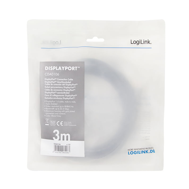 LogiLink-CDA0106-cavo-DisplayPort-3-m-Nero-Grigio