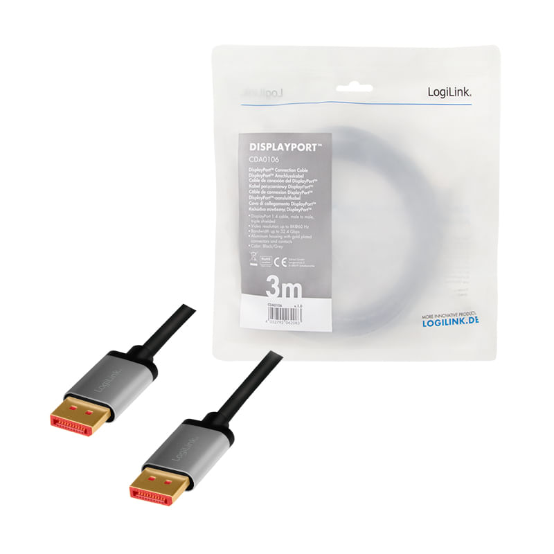 LogiLink-CDA0106-cavo-DisplayPort-3-m-Nero-Grigio