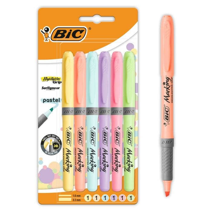 Bic-Highlighter-Grip-Confezione-da-6-pennarelli-pastello-fluorescenti---Inchiostro-a-base-d-acqua---Punta-a-scalpello---Tratto-tra-160-e-330-mm---Colori-assortiti