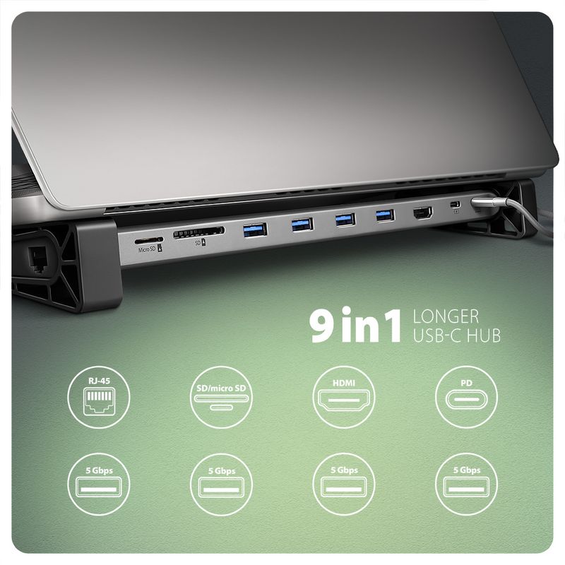 AXAGON-HMC-10HLS-hub-USB-5Gbps-4x-USB-A-HDMI-4k-60Hz-RJ-45-GLAN-SD-mSD-PD-100W-cavo-25cm