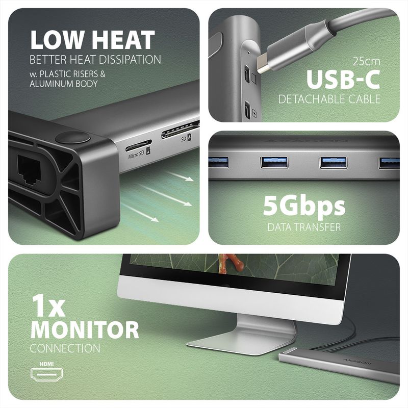 AXAGON-HMC-10HLS-hub-USB-5Gbps-4x-USB-A-HDMI-4k-60Hz-RJ-45-GLAN-SD-mSD-PD-100W-cavo-25cm