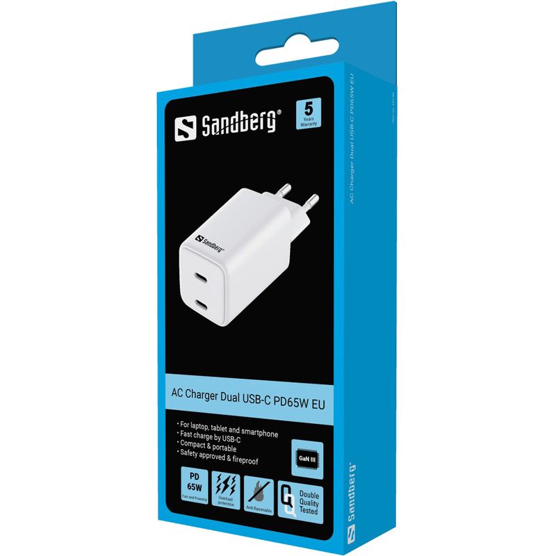 Sandberg-AC-Charger-Dual-USB-C-PD65W-EU--AC-Charger-Dual-USB-C-PD65W-EU---Warranty-60M-