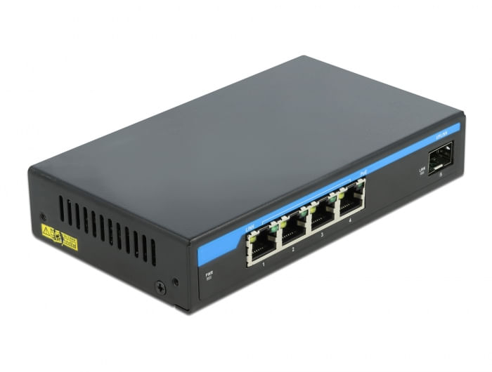 Delock Anschlsse 4 x RJ45 Buchse PoE 1 x SFP Schacht fr 1 Gbps SFP Modul1 x DC 55 x 21 mm Buchse  Ausgangsleistung max