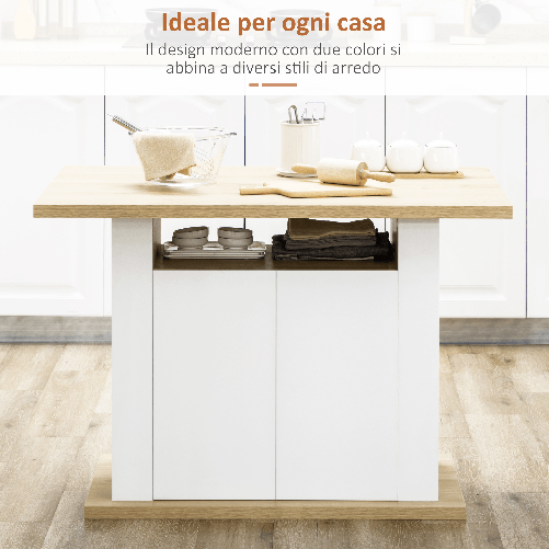 HOMCOM-Tavolo-da-Cucina-per-4-6-Persone-con-Armadietti-a-2-Ante-110x70x75.5cm-Bianco-e-Legno