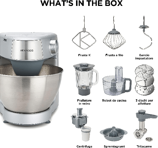 Kenwood-KHC29.P0SI-Impastatrice-Planetaria-Prospero--Ciotola-43L-Frullatore-in-vetro-12L-con-lame-dischi-in-acciaio-da-14L-Spremiagrumi-Tritacarne-Centrifuga-3-utensili-Silver