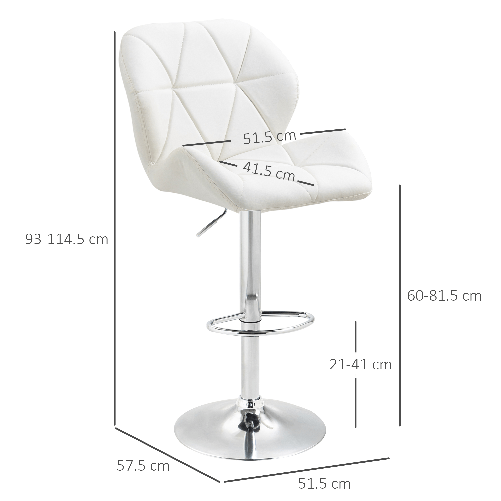 HOMCOM-Set-2-Sgabelli-da-Bar-con-Altezza-Regolabile-Base-in-Metallo-e-Seduta-in-Similpelle-Sgabelli-con-Schienale-e-Poggiapiedi-51.5x57.5x93-114.5cm-Bianco