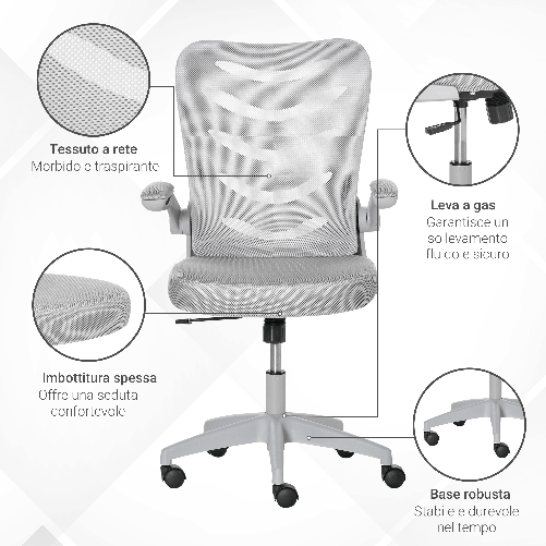 Vinsetto-Sedia-da-Ufficio-Ergonomica-Poltrona-Girevole-Altezza-Regolabile-e-Braccioli-Sollevabili-58.5x58x94.5-103.5cm-Grigio