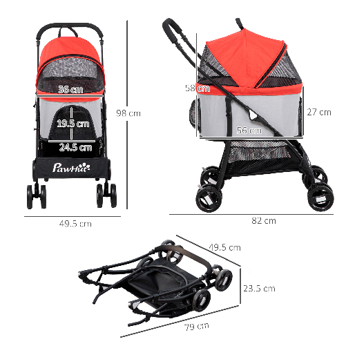 PawHut-Passeggino-per-Cani-Pieghevole-con-Trasportino-Rimovibile-e-Tettuccio-82x49.5x98cm-Rosso