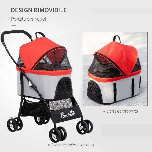 PawHut-Passeggino-per-Cani-Pieghevole-con-Trasportino-Rimovibile-e-Tettuccio-82x49.5x98cm-Rosso