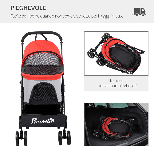 PawHut-Passeggino-per-Cani-Pieghevole-con-Trasportino-Rimovibile-e-Tettuccio-82x49.5x98cm-Rosso