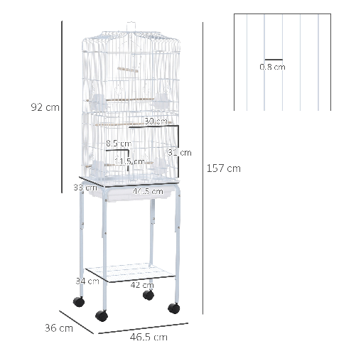 PawHut-Gabbia-per-Uccelli-Voliera-in-Metallo-e-Acciaio-con-Ruote-Trespoli-e-Ciotole-46.5x36x157cm---Bianco