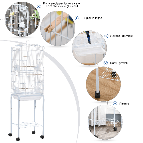 PawHut-Gabbia-per-Uccelli-Voliera-in-Metallo-e-Acciaio-con-Ruote-Trespoli-e-Ciotole-46.5x36x157cm---Bianco