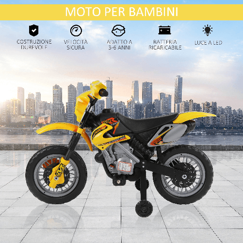 HOMCOM-Moto-Cross-Elettrica-con-Rotelle-Giallo-per-Bambini-3-anni-e-piu-Batteria-6V-Velocita-2.5km-h-102-x-53-x-66cm