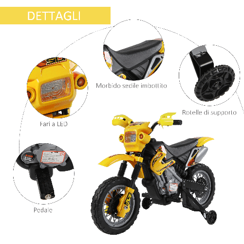 HOMCOM-Moto-Cross-Elettrica-con-Rotelle-Giallo-per-Bambini-3-anni-e-piu-Batteria-6V-Velocita-2.5km-h-102-x-53-x-66cm