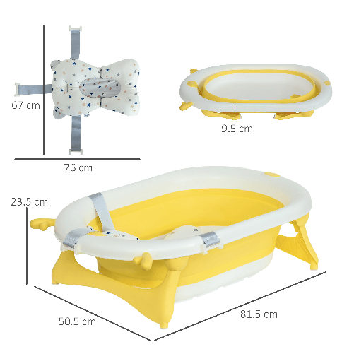 HOMCOM-Vaschetta-Bagnetto-Pieghevole-per-Bambini-0-3-Anni-con-Indicatore-di-Temperatura-e-Cuscino-81.5x50.5x23.5-cm-Giallo