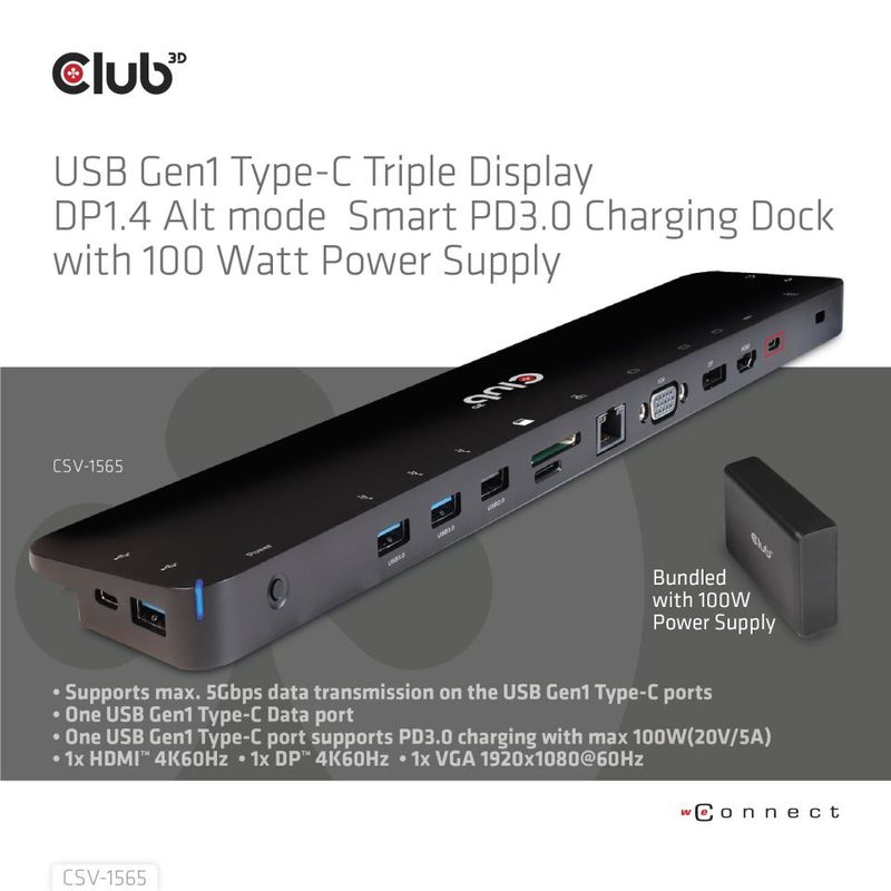 Club-3D-Docking-Station-Usb-C-Gen-1-Triple-Dp-100W-Power-Supply